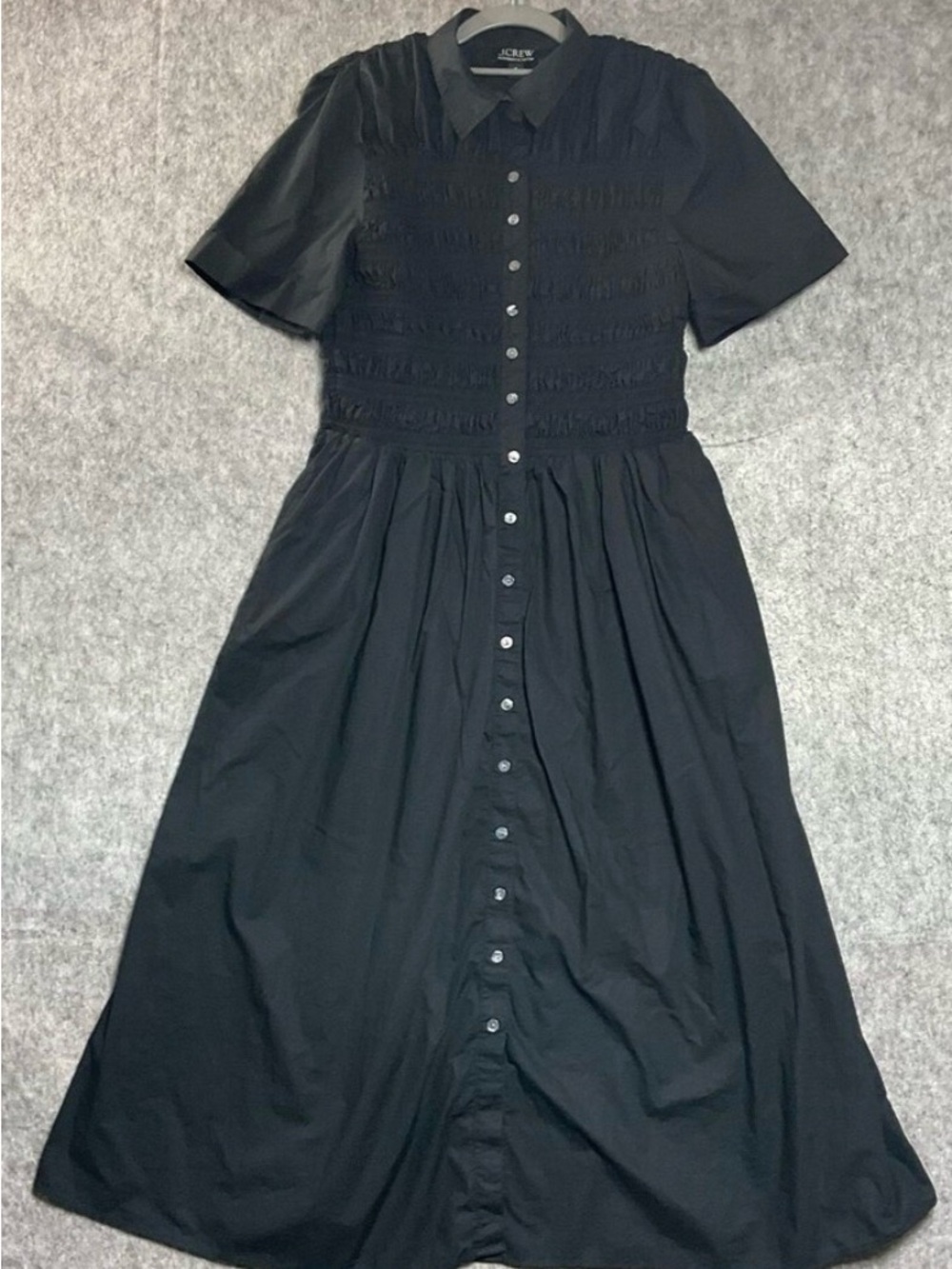 J Crew Smocked Elsie Shirt Dress Black Cotton Poplin Button Up Preppy  Womens M